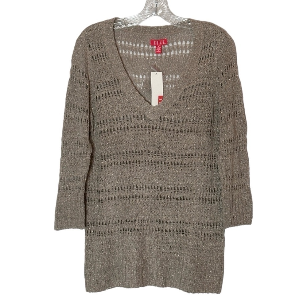 Elle Pullover Sweater Women Size M NWT Taupe V-neck Open Knit Shimmer Layering